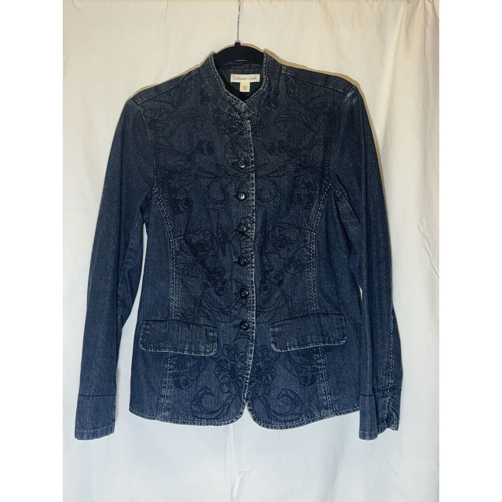 Coldwater Creek Floral Embroidered Denim Jacket‎ Size 10 Dark Wash T9